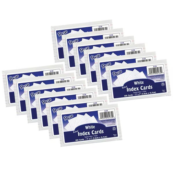 Index Cards, White, Ruled, 0.25" Ruled 3 x 5, 100 Cards/Pk, PK12, Pacon, Mfr#: 5135