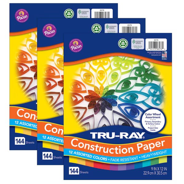 Color Wheel Assortment, 12 Colors, 9 x 12in, 144 Sheets, PK3, Tru-Ray, Mfr#: P6576