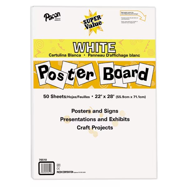 Super Value Poster Board, White, 22" x 28", PK50, Pacon, Mfr#: 0076510