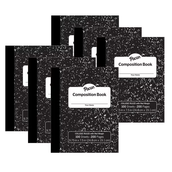 Composition Book, Black Marble, 9/32in. Ruled w/ Margin, 100 Sheets Per Book, 6PK, Pacon, Mfr#: MMK37106