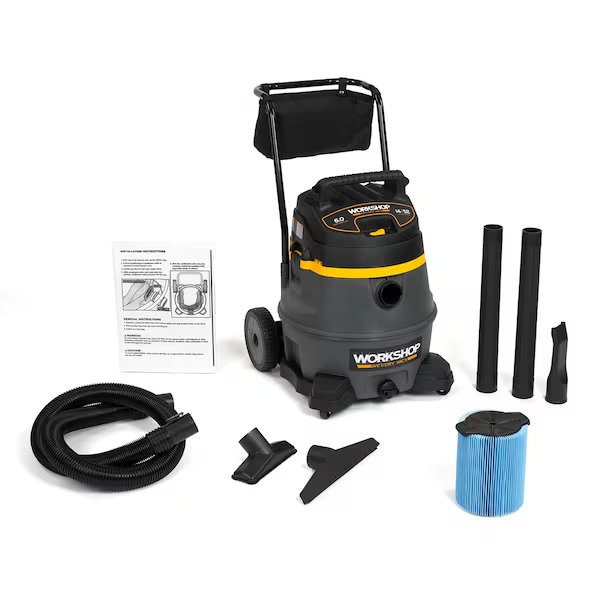14 Gal. 6.0 Peak HP Heavy-Duty Wet/Dry Vacuum with Cart, Accessories, Workshop Wet/Dry Vacs, Mfr#: WS1400CA