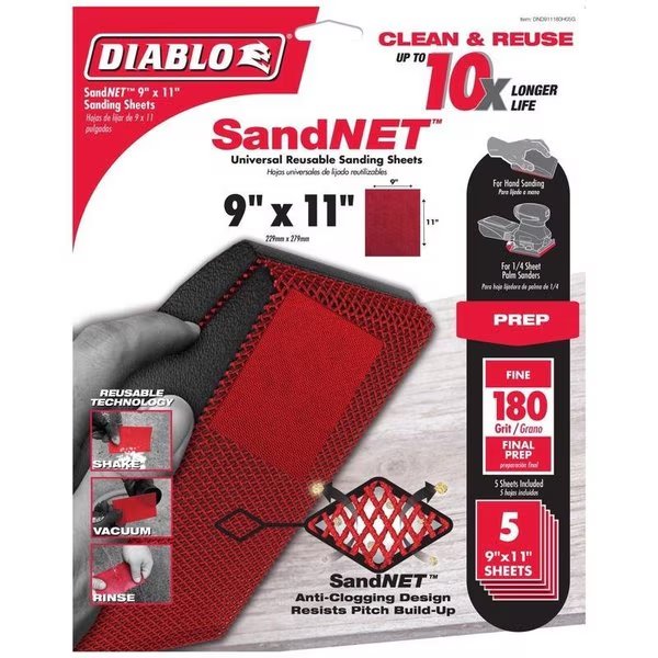SandNet 11 in. L X 9 in. W 180 Grit Ceramic Sanding Sheet 5 pk, Diablo, Mfr#: DND911180H05G