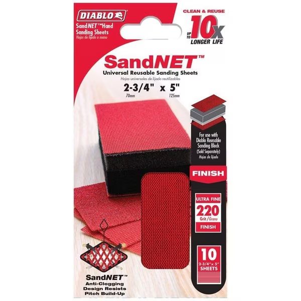 SandNet 5 in. L X 2-3/4 in. W 220 Grit Ultra Fine Block Hand Sanding Pad, Diablo, Mfr#: DND234220S10N