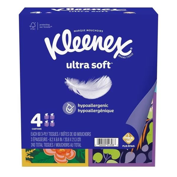 Ultra Soft 60 ct Facial Tissue, 4PK, Kleenex, Mfr#: 54309