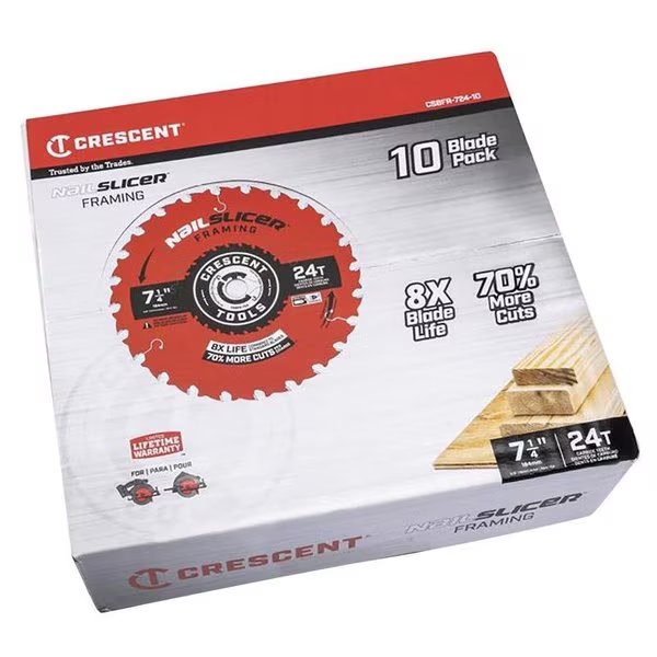 Crescent NailSlicer 7-1/4 in. D X 5/8 in. Framing Carbide Circular Saw Blade 24 teeth 10 pk, Campbell Chain & Fittings, Mfr#: CSBFR-724-10