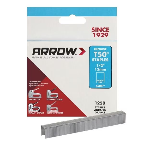 Heavy Duty Staples, 18 ga, Flat Crown, 1/2 in Leg L, Steel, Arrow Fastener, Mfr#: 50824