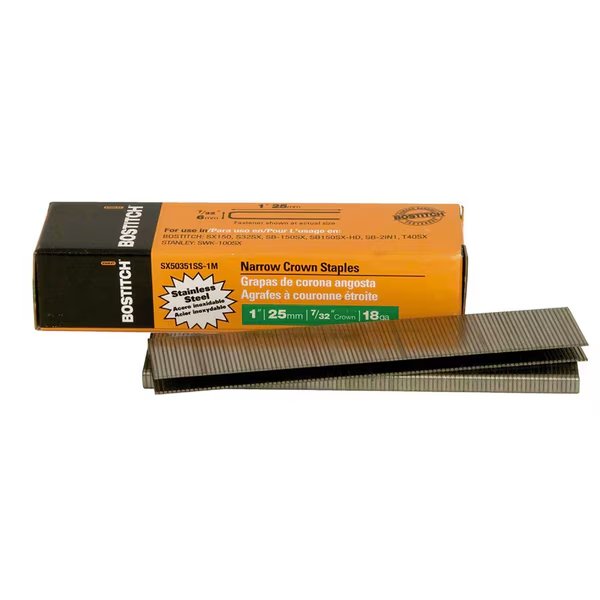 Finish Staples, 18 ga, Narrow Crown, 1 in Leg L, Stainless Steel, 1000 PK, Bostitch, Mfr#: SX50351SS-1M
