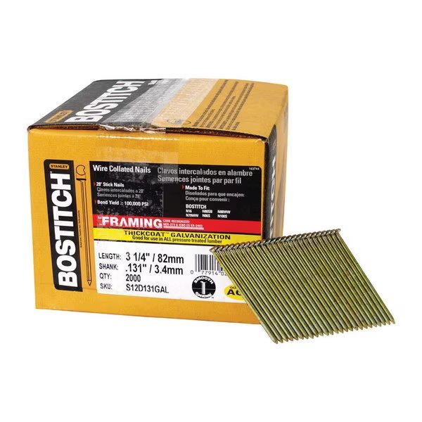 Collated Framing Nail, 3-1/4 in L, 10 ga, Thickcoat, Full Round Head, 28 Degrees, Bostitch, Mfr#: S12D131GAL-FH