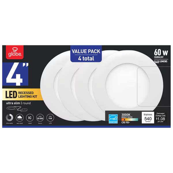 RECESS LGHT KIT 4"" 4PK, Globe Electric, Mfr#: 91495