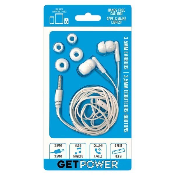 GetPower Earbud w/Microphone, Get Power, Mfr#: GP-35MM-WHI