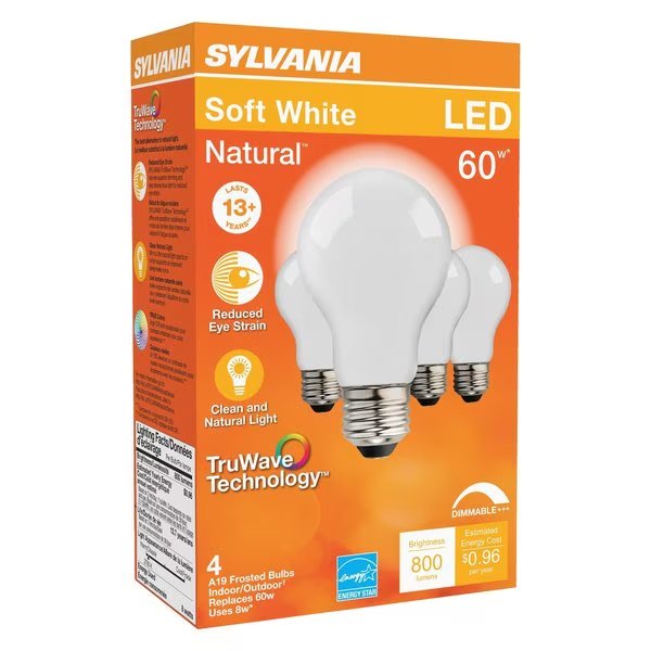 Sylvania Natural A19 E26 (Medium) LED Bulb Soft White 60 W , 4PK, Sylvania, Mfr#: 40670