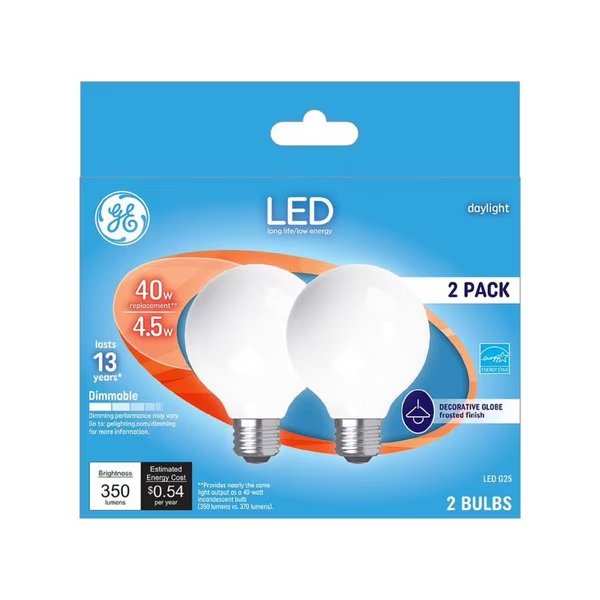 G25 E26 (Medium) LED Light Bulb Daylight 40 Watt Equivalence , 2PK, Current, Mfr#: 28357