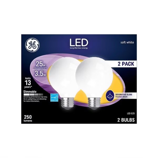 G25 E26 (Medium) LED Light Bulb Soft White 25 Watt Equivalence , 2PK, Current, Mfr#: 31228