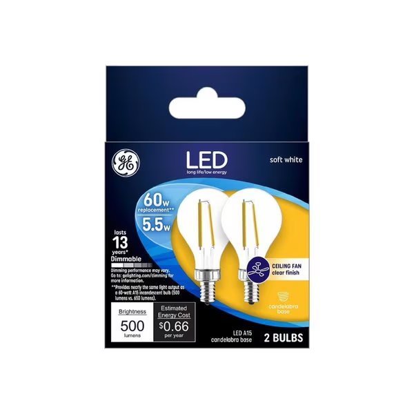 A15 E12 (Candelabra) LED Light Bulb Soft White 60 Watt Equivalence , 2PK, Current, Mfr#: 24309