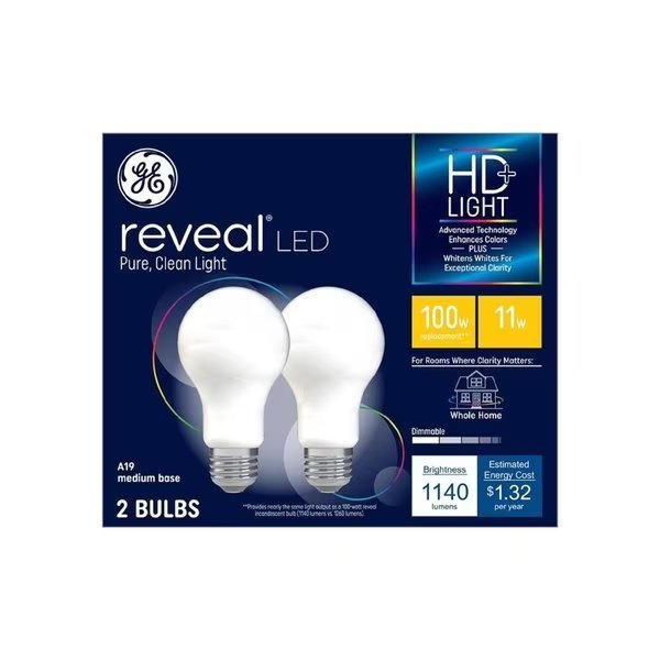 Reveal HD+ A19 E26 (Medium) LED Light Bulb Pure Clean Light 100 Watt Equivalence , 2PK, Current, Mfr#: 46657