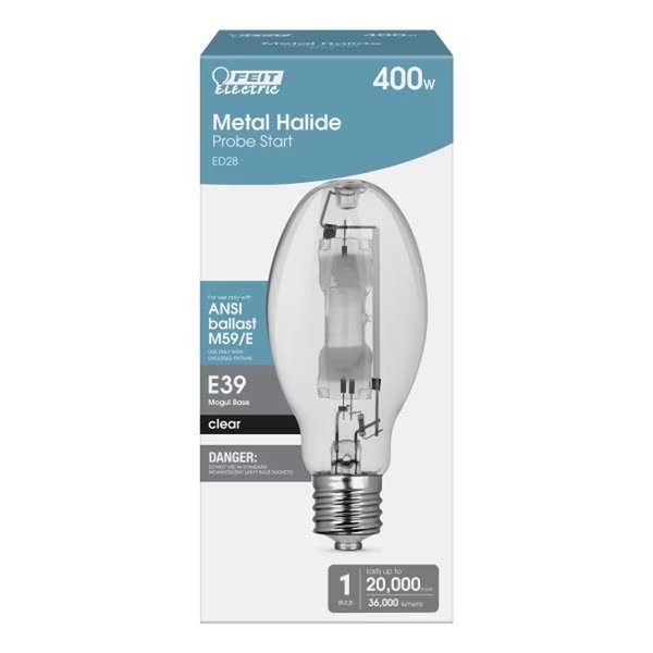 400 W ED28 HID Bulb 36000 lm Bright White Metal Halide, Feit Electric, Mfr#: MH400UED28HDRP