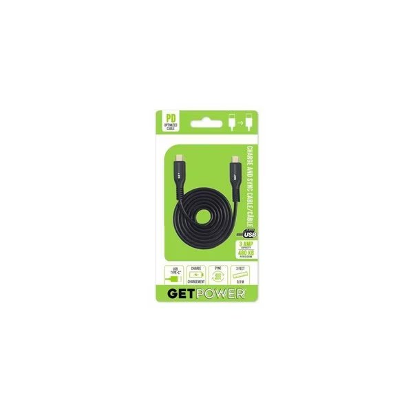 GetPower Black Hi-Speed USB Charge/Sync Cable For Universal 3 ft. L, Get Power, Mfr#: GP-USBC-USBC