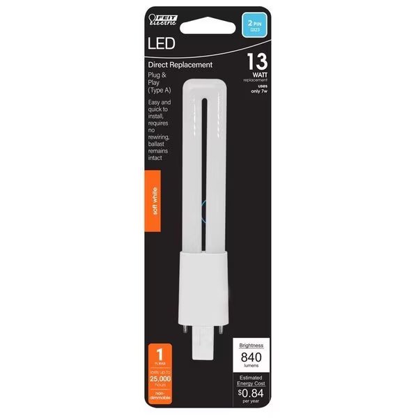 PL GX23 LED Tube Light Soft White 13 Watt Equivalence 1 pk, Feit Electric, Mfr#: BPPLD13827LDHDR