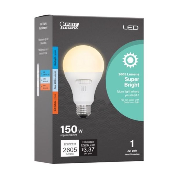 A21 E26 Medium LED Bulb Tunable White 150 Watt Equivalence 1 pk, Feit Electric, Mfr#: OM1503CCTCALEDI