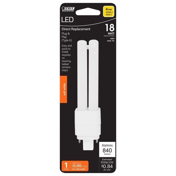 PL GX24Q-1 4 Pin LED Light Bulb Soft White 18 Watt Equivalence 1 pk, Feit Electric, Mfr#: BPPLD18E827LED