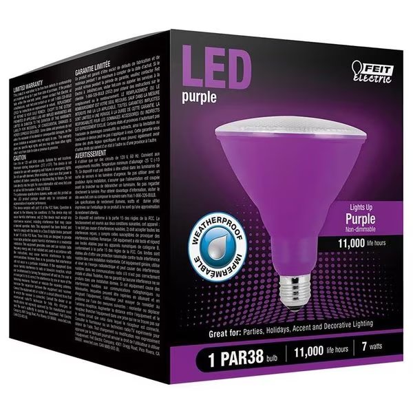 PAR 38 E26 Medium LED Bulb Purple 90 Watt Equivalence 1 pk, 4PK, Feit Electric, Mfr#: PAR38/P10KLEDBX