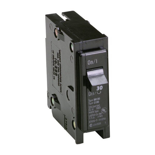 Circuit Breaker, BR Series, 30A, 1 Pole, 120/240V AC, 10kA, Eaton Cutler-Hammer, Mfr#: BR130
