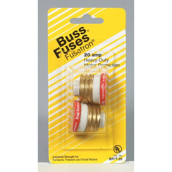 Plug Fuse, T Series, Time-Delay, 20A, 125V AC, Indicating, 10kA at 125V AC, Eaton Bussmann, Mfr#: BP/T-20