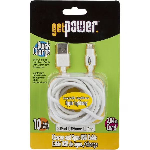 GetPower Lightning to USB Charge and Sync Cable 10 ft. White, Get Power, Mfr#: GP-XL-USB-L