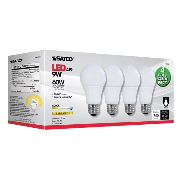 Type A A19 E26 (Medium) LED Bulb Natural Light 60 W , 4PK, Satco, Mfr#: S39597