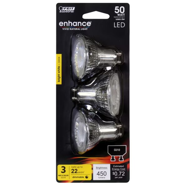 LED MR16 GU10 BW 50W 3PK, Feit Electric, Mfr#: MR16G1050930CA3