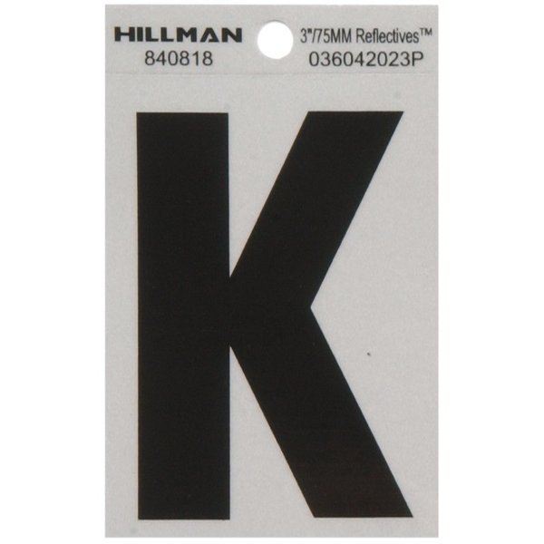 3 in. Reflective Black Vinyl Self-Adhesive Letter K 1 pc, 6PK, Hillman, Mfr#: 840818