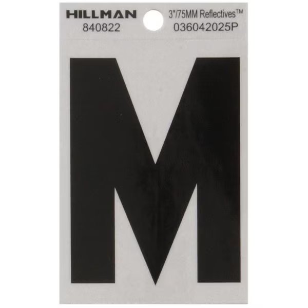 3 in. Reflective Black Vinyl Self-Adhesive Letter M 1 pc, 6PK, Hillman, Mfr#: 840822
