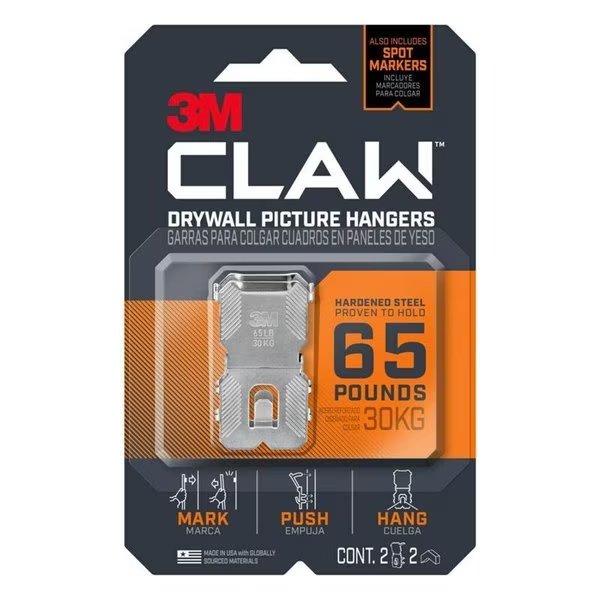3M  Silver Drywall All Purpose Hanger 65 lb , 2PK, Claw, Mfr#: 3PH65M-2ES