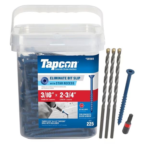 Tapcon Concrete Screw, 3/16" Dia., Flat, 2 3/4 in L, Climaseal Coated, 225 PK, Tapcon, Mfr#: 28565
