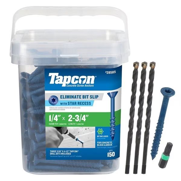 Tapcon Concrete Screw, 1/4" Dia., Flat, 2-3/4" L, Climaseal Coated, Tapcon, Mfr#: 28585