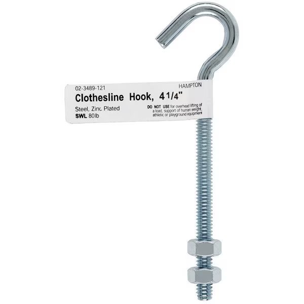 Small Zinc-Plated Silver Steel 4 in. L Clothesline Bolt Hook 80 lb, Hampton, Mfr#: 02-3489-121