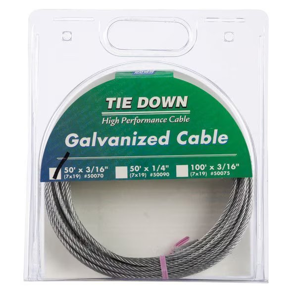 Pre-Cut Cable50'Galv3/16, Tie Down Engineering, Mfr#: 50070