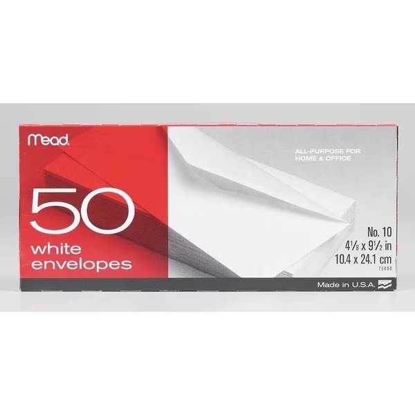 9.5 in. W X 4.12 in. L No. 10 White Envelopes 50 pk, Mead, Mfr#: 75050