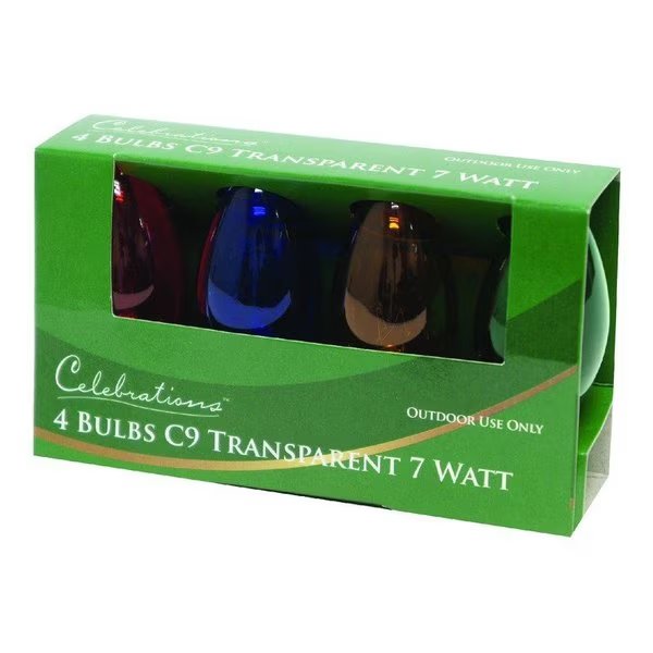 Incandescent C9 Multicolored 4 ct Replacement Christmas Light Bulbs, Celebrations, Mfr#: BU4C9TMUA