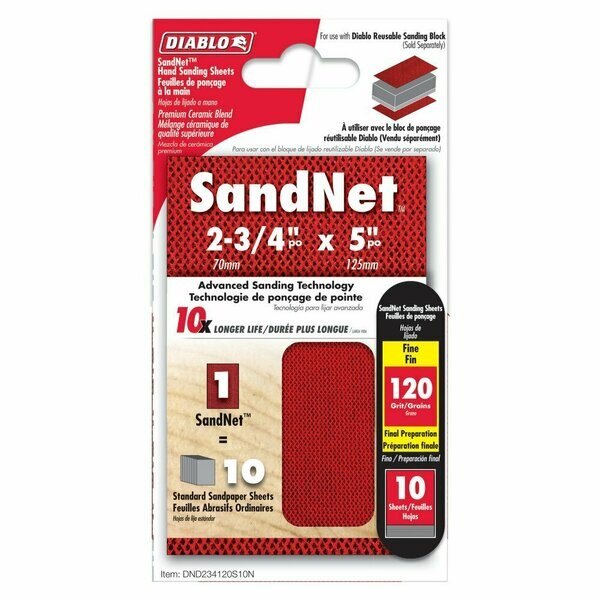 SandNet 5 in. L X 2-3/4 in. W 120 Grit Medium Block Hand Sanding Pad, Diablo, Mfr#: DND234120S10N