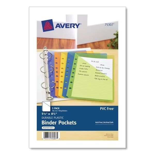 Small Binder Pockets, 7-Hole Punched, Assorted, 5 1/2 x 9 1/4, PK5, Avery, Mfr#: 75307