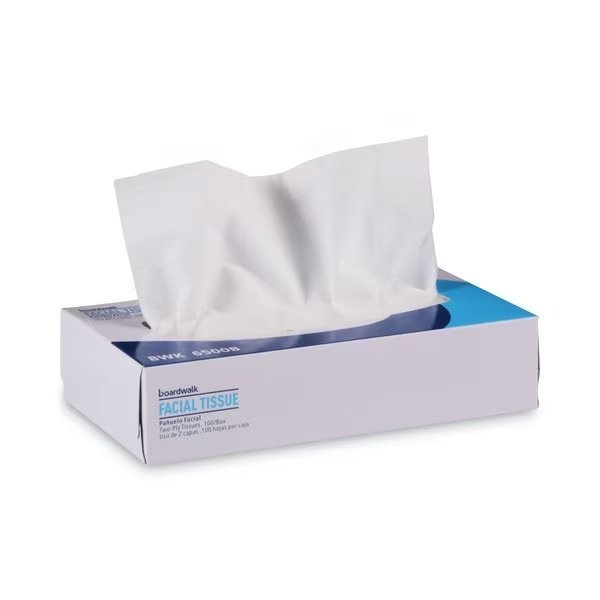 Facial Tissue, 2-Ply, 7.5 in x 8 in sheet, Flat Box, 100 Sheets per Box, 30 Pack, Boardwalk, Mfr#: BWK6500B