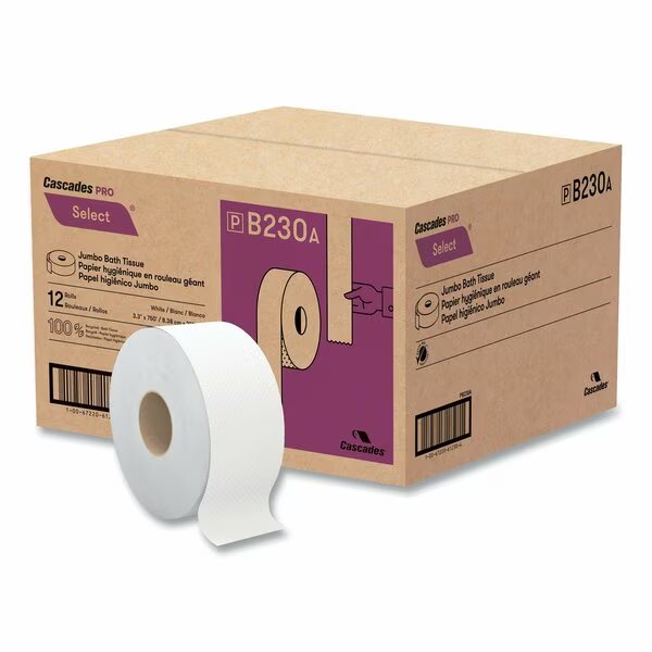 Select Jumbo Bath Tissue, Septic Safe, 2-Ply, White, 3.3 in. x 750 ft, 12PK, Cascades Pro, Mfr#: B230