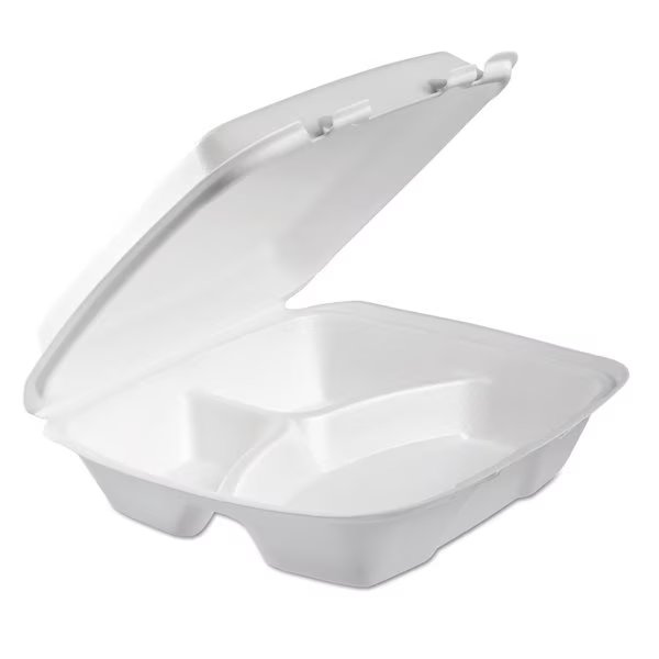 Foam Hinged Lid Container, 3-Comp, 9 x 9 2/5 x 3, White, PK200, Dart, Mfr#: 90HTPF3R