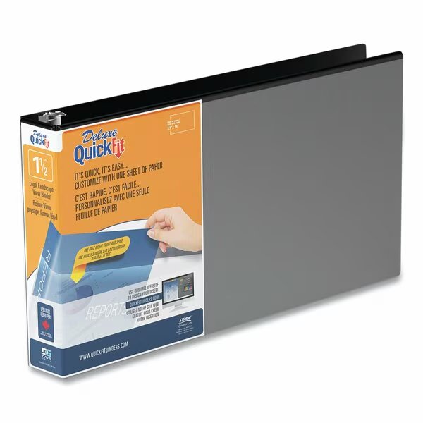 QuickFit Landscape Spreadsheet Round Ring View Binder, 3 Rings, 1.5" Capacity, 14 x 8.5, Black, Stride, Mfr#: 95021L
