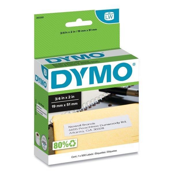 Address Label, 3/4"x2", 500/Roll, White, Dymo, Mfr#: 30330