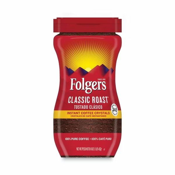 Instant Coffee Crystals, Classic, 16oz, Jar, Folgers, Mfr#: 2550006923