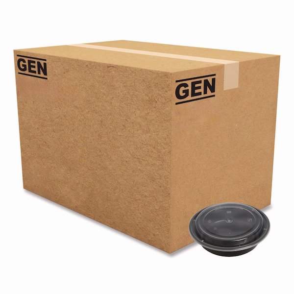 Food Container, 24 oz, 7.28 x 7.28 x 1.96, Black/Clear, Plastic, 150PK, Gen, Mfr#: FCPP-BC-24RND