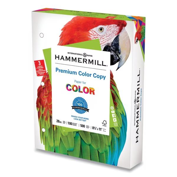 Premium Color Copy Print Paper, 100 Bright, 3-Hole, 28 lb Bond Weight, 8.5 x 11, Photo White, 4000PK, Hammermill, Mfr#: HAM102500