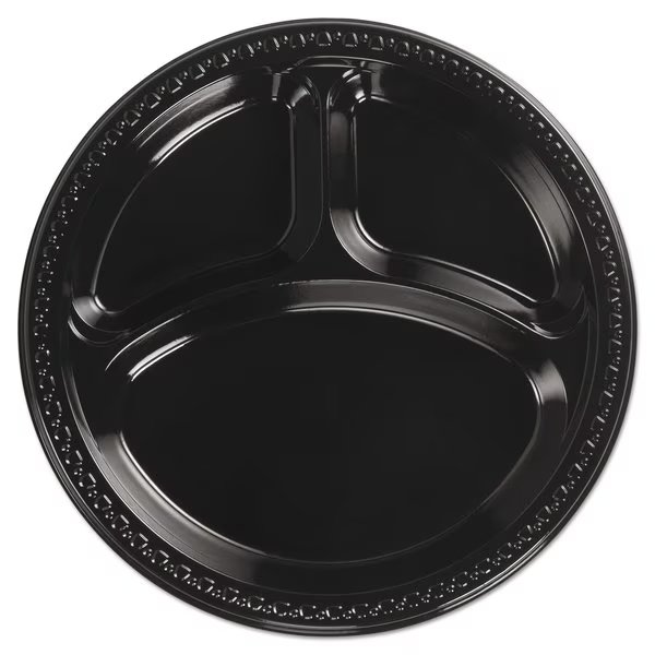 Heavyweight Plastic 3 Compartment Plates, 10 1/4" Dia, Black, PK500, Chinet, Mfr#: 81430